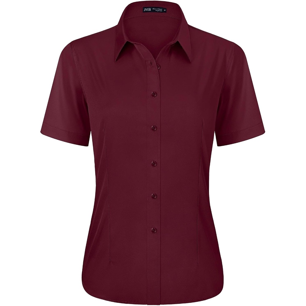 image:imageJVER Womens Button Down Shirt Stretch Short Sleeve Dress Shirt Work BlouseBurgundy