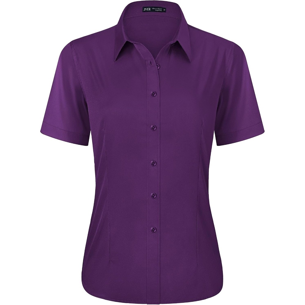 image:imageJVER Womens Button Down Shirt Stretch Short Sleeve Dress Shirt Work BlouseDark Purple