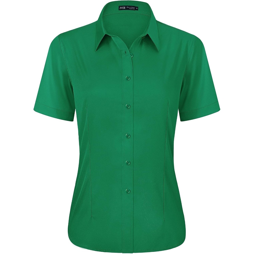 image:imageJVER Womens Button Down Shirt Stretch Short Sleeve Dress Shirt Work BlouseGreen