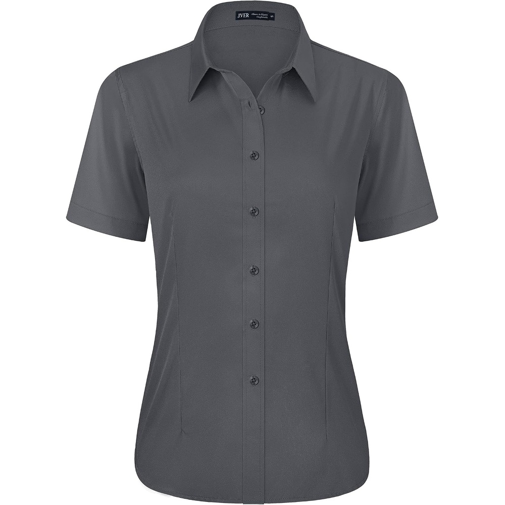 image:imageJVER Womens Button Down Shirt Stretch Short Sleeve Dress Shirt Work BlouseGrey