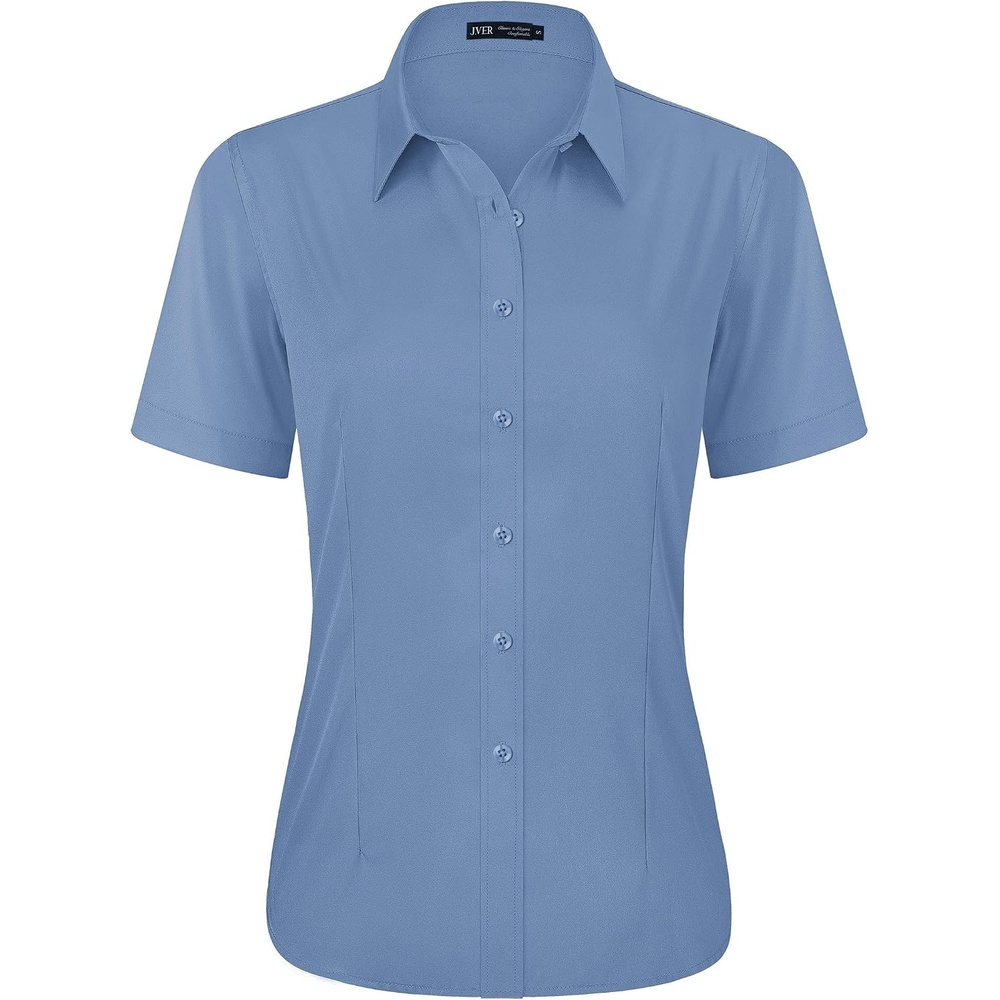 image:imageJVER Womens Button Down Shirt Stretch Short Sleeve Dress Shirt Work BlouseGrey Blue