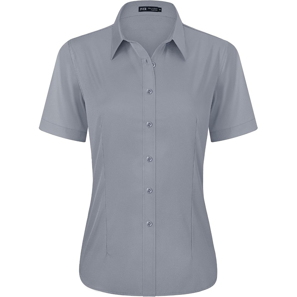 image:imageJVER Womens Button Down Shirt Stretch Short Sleeve Dress Shirt Work BlouseLight Grey