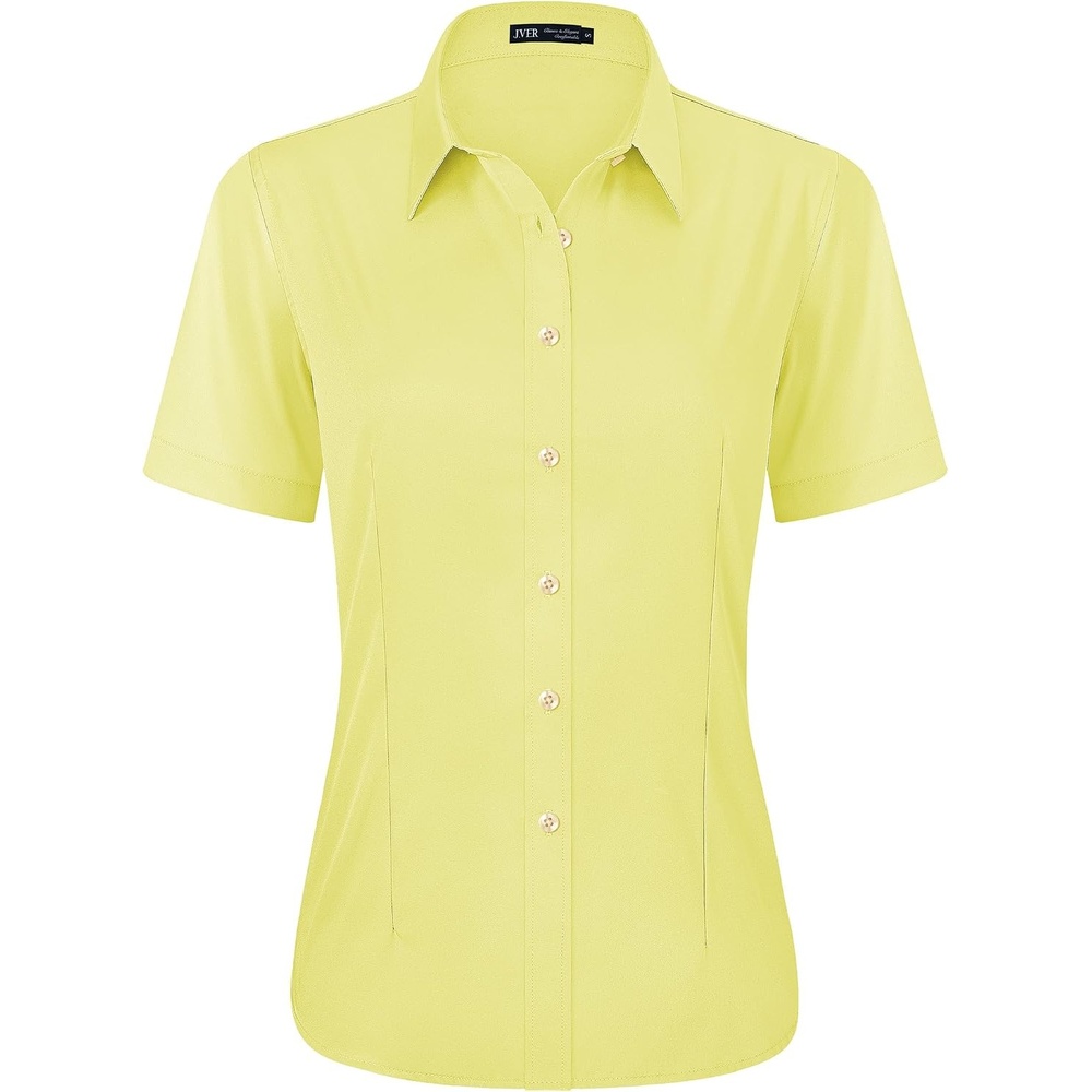 image:imageJVER Womens Button Down Shirt Stretch Short Sleeve Dress Shirt Work BlouseLight Yellow