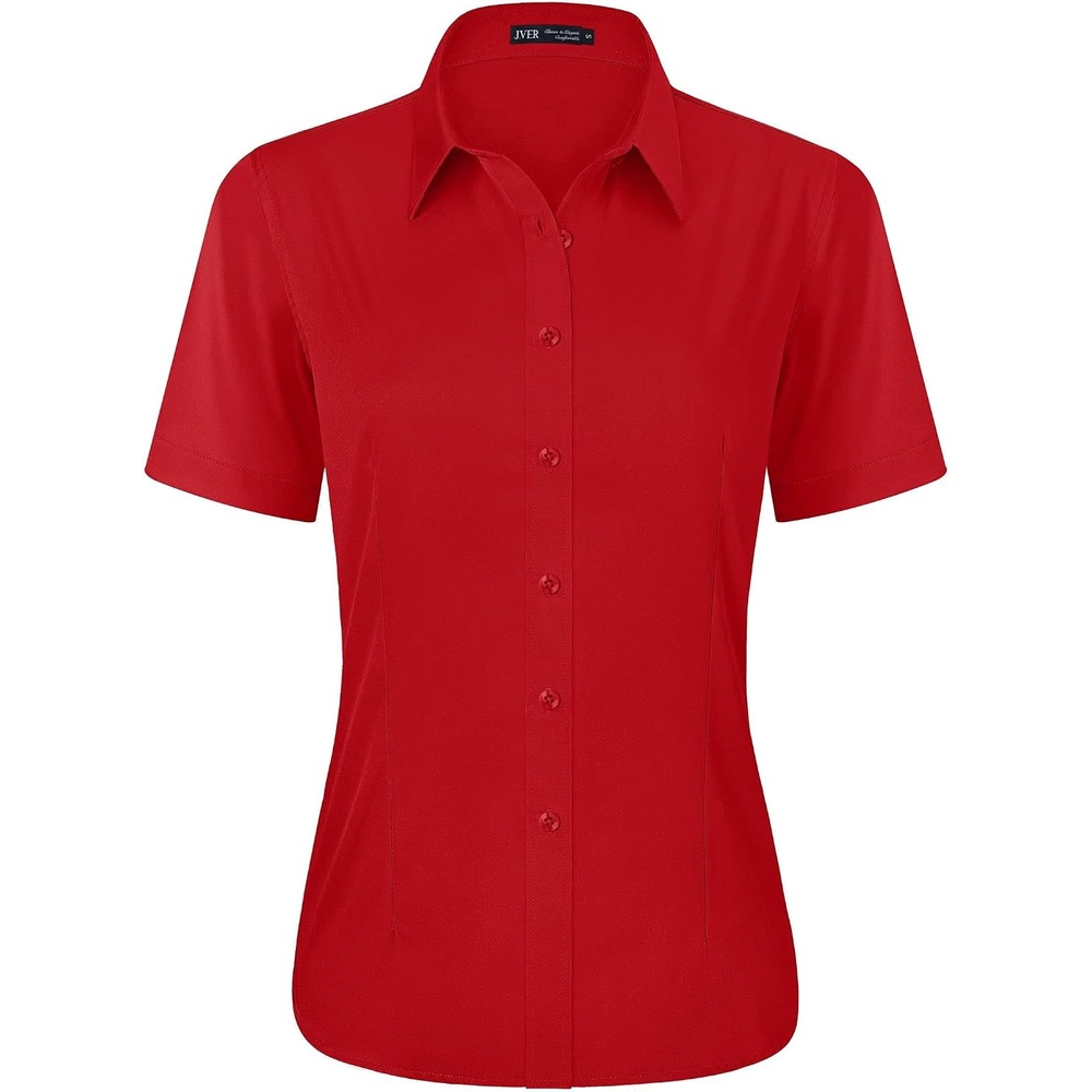 image:imageJVER Womens Button Down Shirt Stretch Short Sleeve Dress Shirt Work BlouseRed