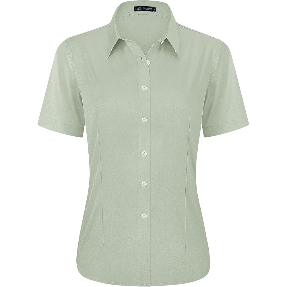 image:imageJVER Womens Button Down Shirt Stretch Short Sleeve Dress Shirt Work BlouseSage Green