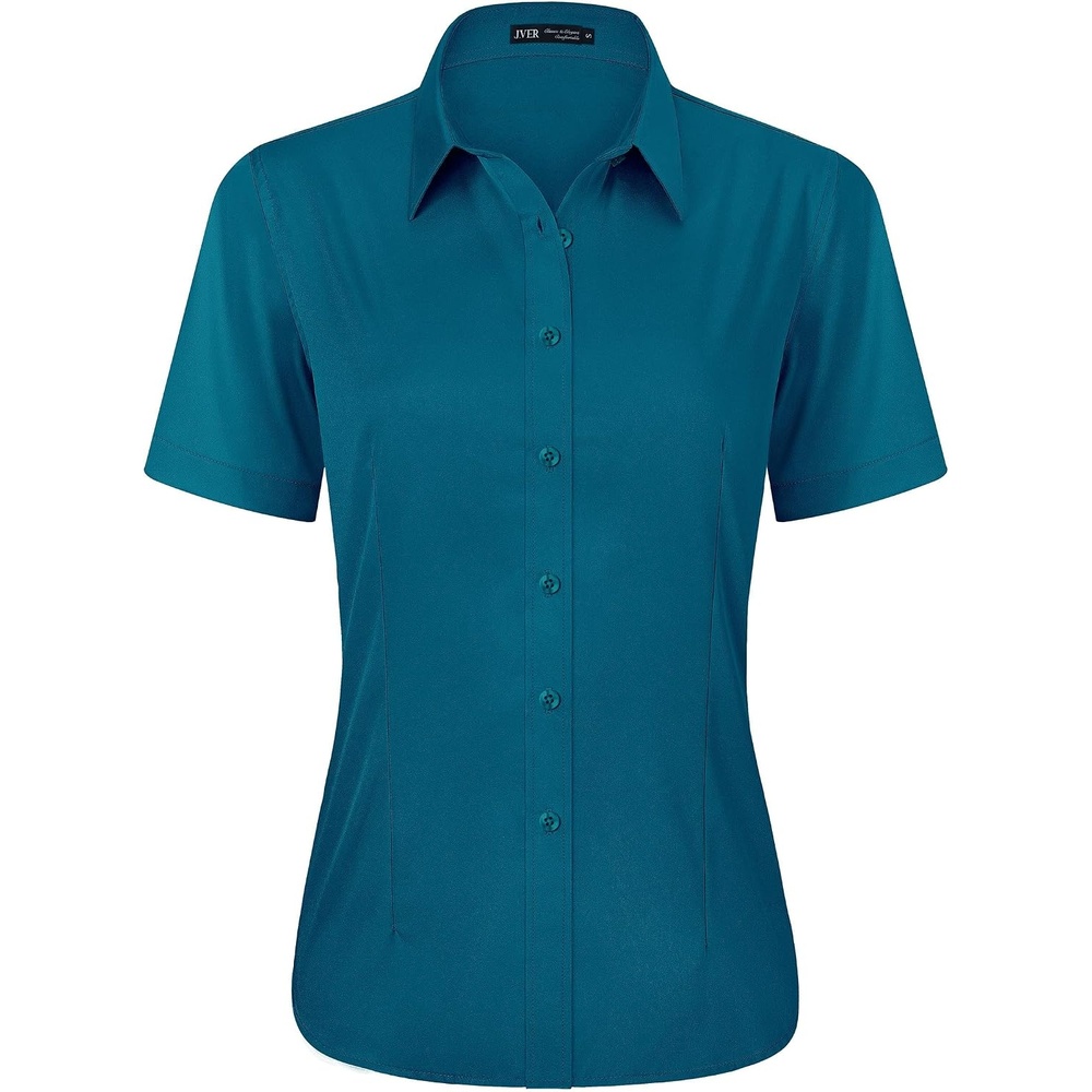 image:imageJVER Womens Button Down Shirt Stretch Short Sleeve Dress Shirt Work BlouseTeal Blue