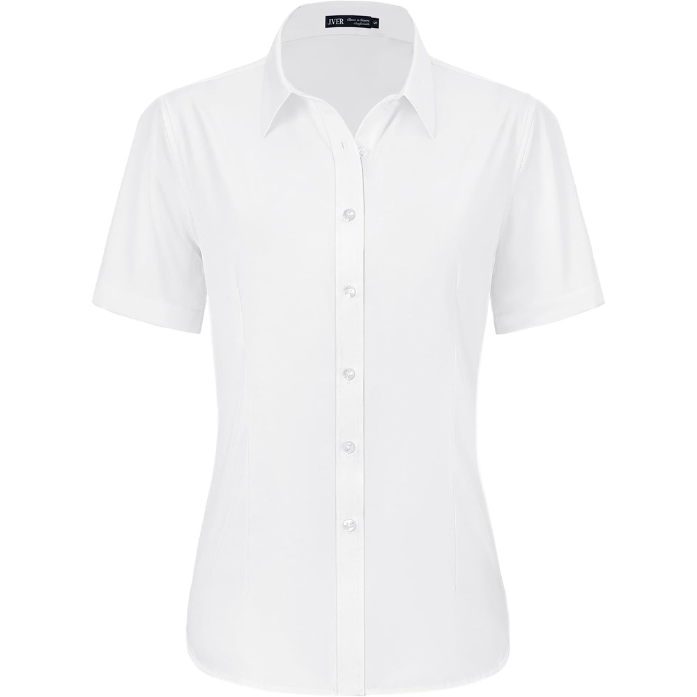 image:imageJVER Womens Button Down Shirt Stretch Short Sleeve Dress Shirt Work BlouseWhite