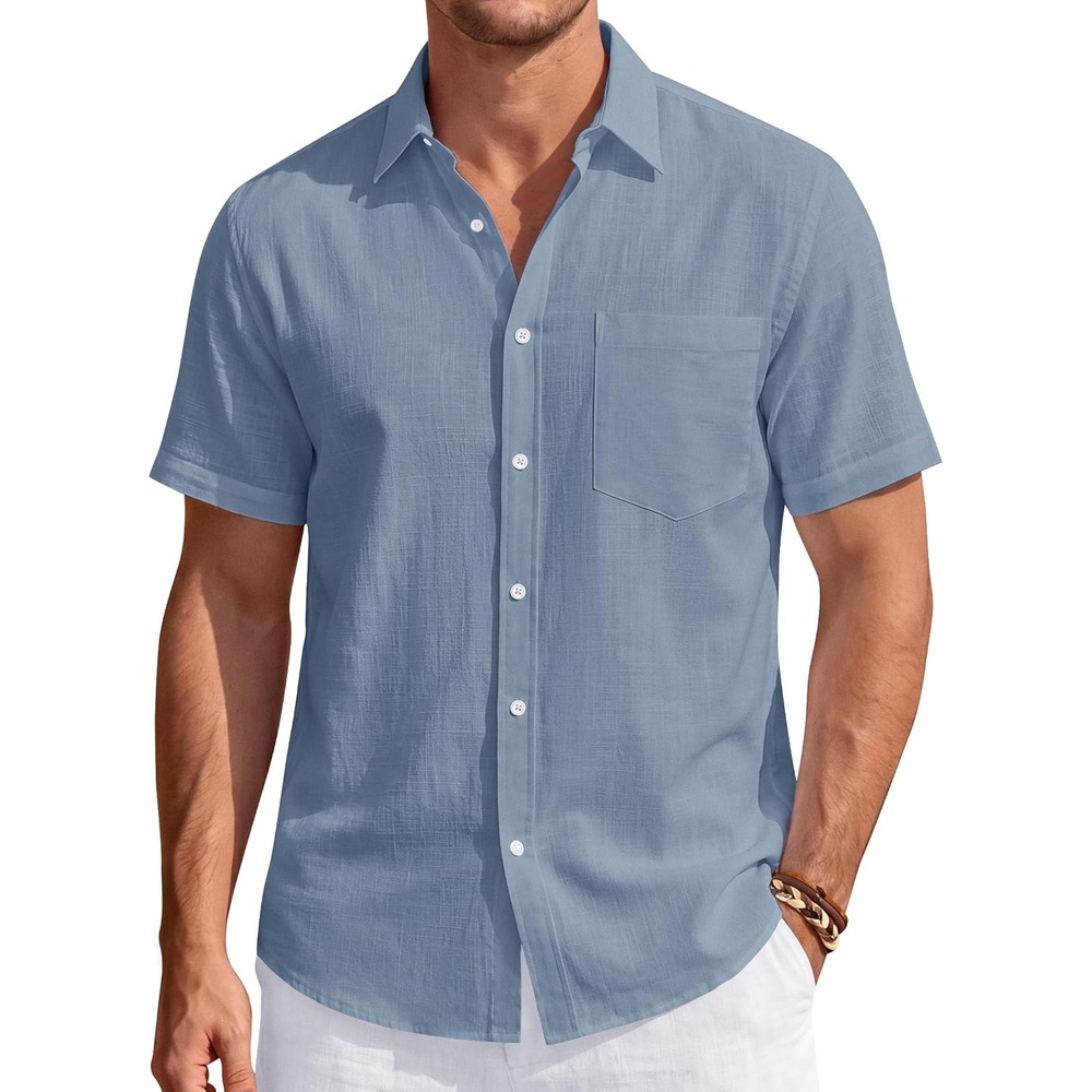 image:imageJVER Mens Linen Shirt Short Sleeve Button Down Casual Summer ShirtsAiry Blue