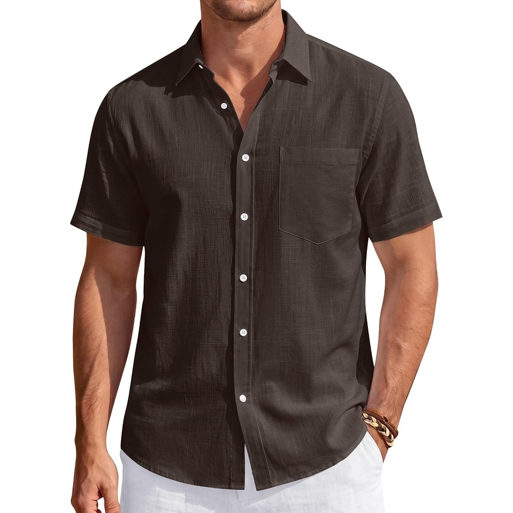 image:imageJVER Mens Linen Shirt Short Sleeve Button Down Casual Summer ShirtsCoffee