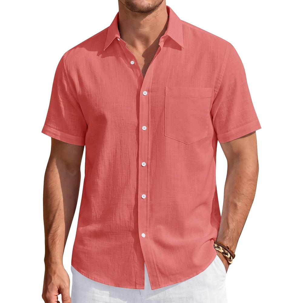 image:imageJVER Mens Linen Shirt Short Sleeve Button Down Casual Summer ShirtsCoral