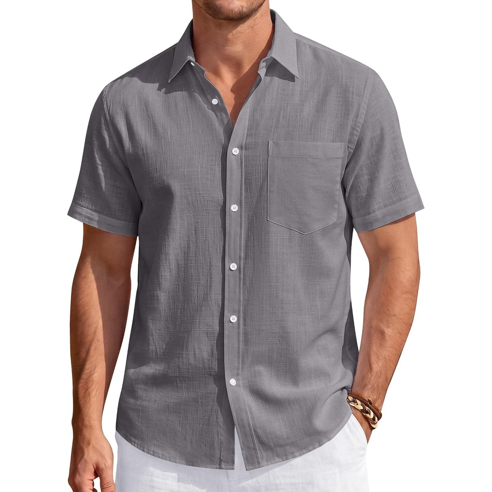 image:imageJVER Mens Linen Shirt Short Sleeve Button Down Casual Summer ShirtsDark Grey