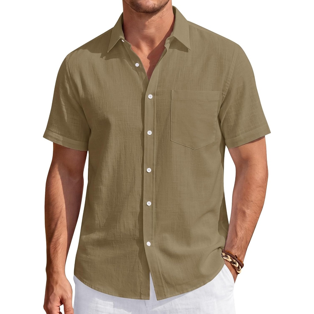 image:imageJVER Mens Linen Shirt Short Sleeve Button Down Casual Summer ShirtsDark Khaki