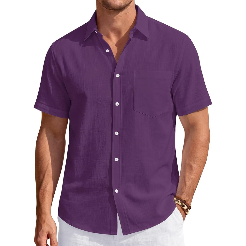 image:imageJVER Mens Linen Shirt Short Sleeve Button Down Casual Summer ShirtsDark Purple
