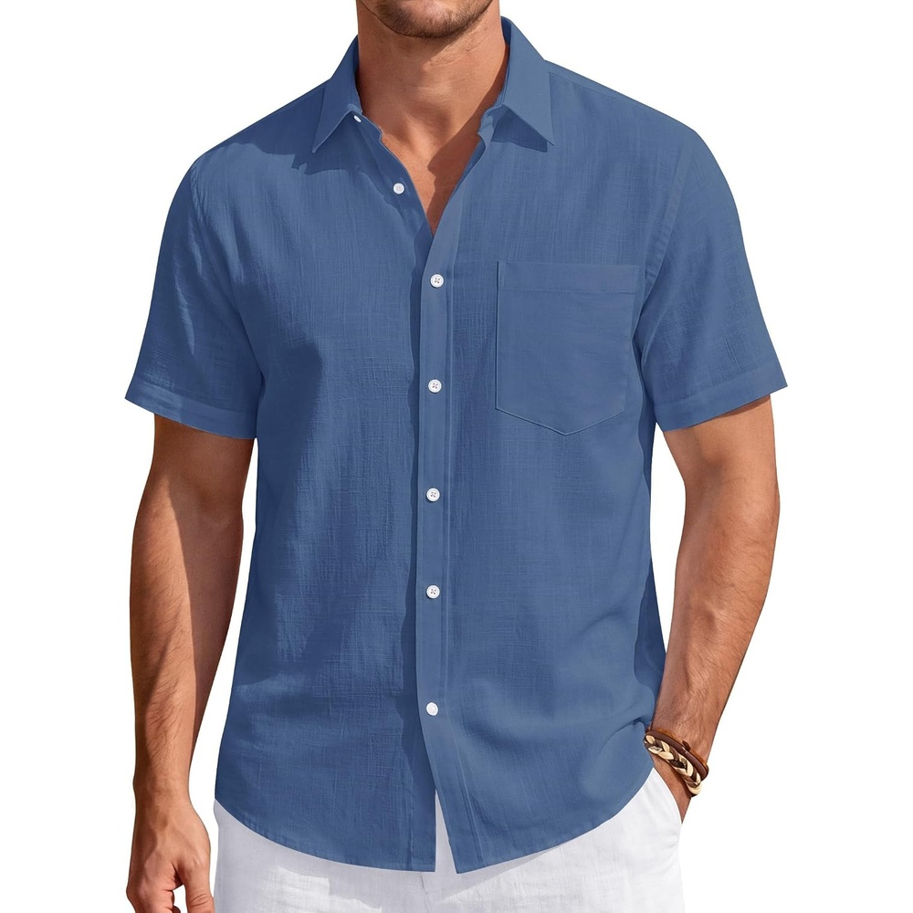 image:imageJVER Mens Linen Shirt Short Sleeve Button Down Casual Summer ShirtsGrey Blue