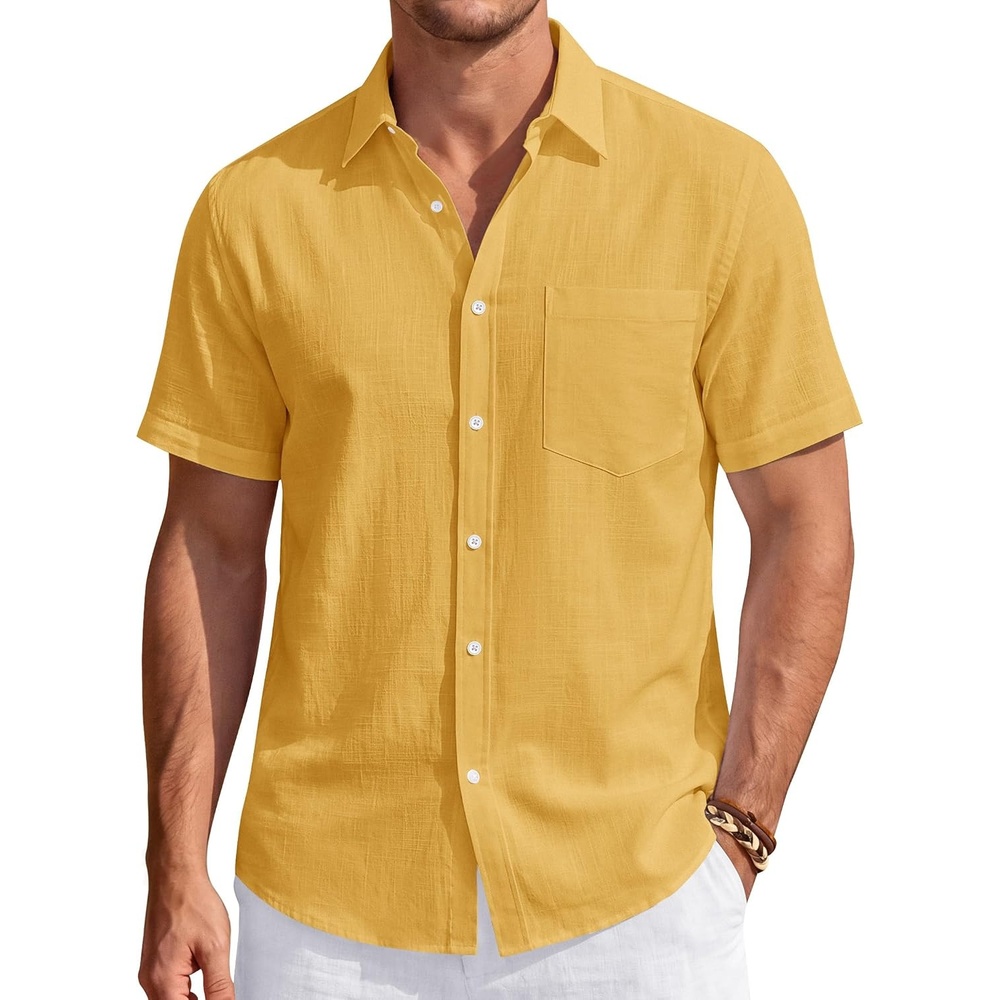image:imageJVER Mens Linen Shirt Short Sleeve Button Down Casual Summer ShirtsLemon Yellow