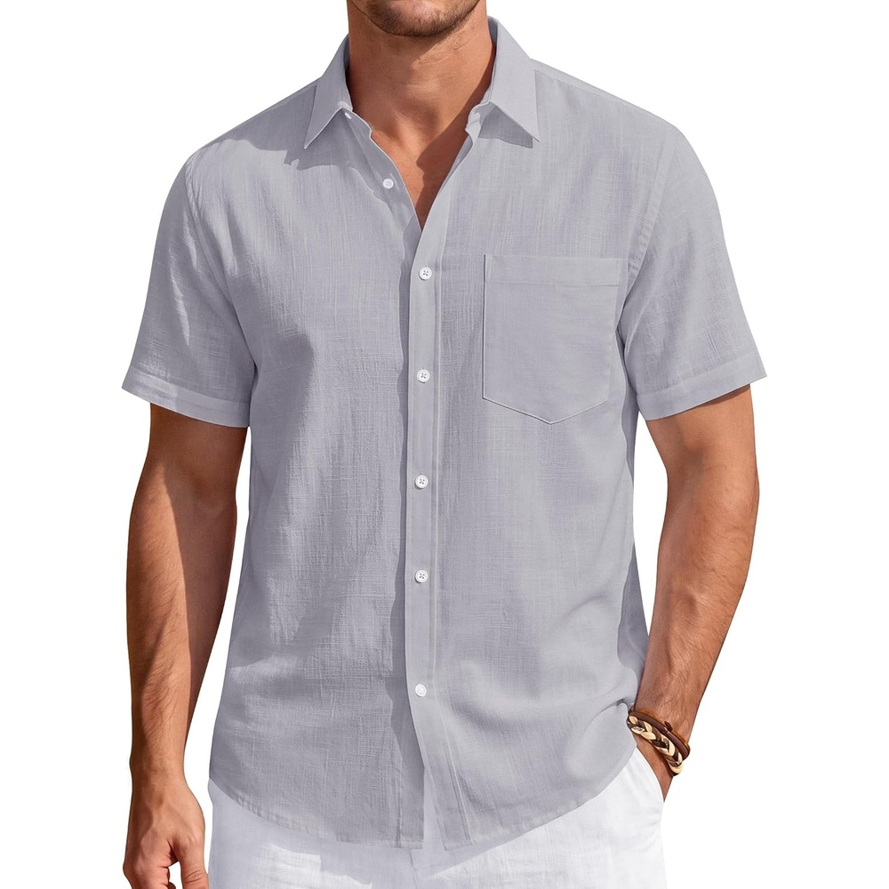 image:imageJVER Mens Linen Shirt Short Sleeve Button Down Casual Summer ShirtsLight Grey