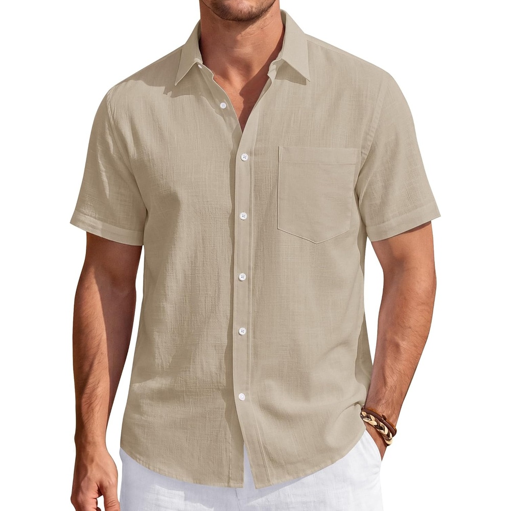 image:imageJVER Mens Linen Shirt Short Sleeve Button Down Casual Summer ShirtsLight Khaki