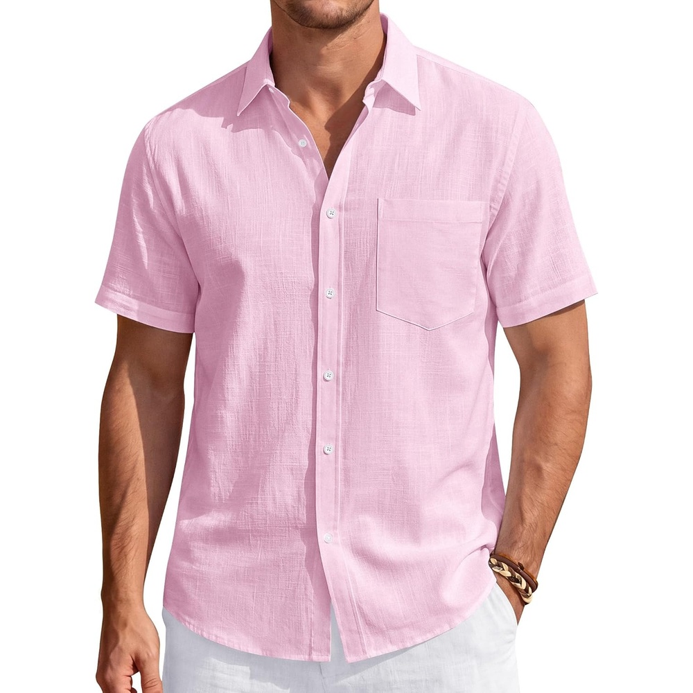 image:imageJVER Mens Linen Shirt Short Sleeve Button Down Casual Summer ShirtsLight Pink