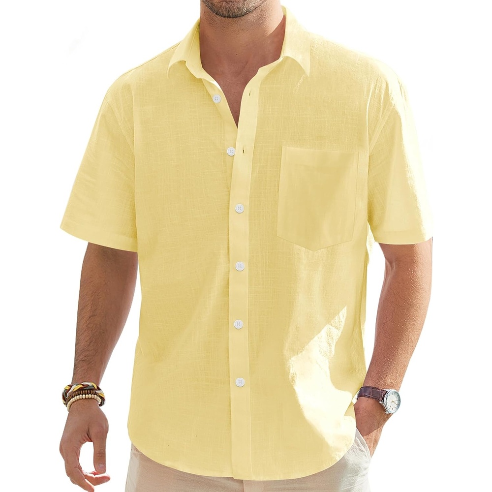 image:imageJVER Mens Linen Shirt Short Sleeve Button Down Casual Summer ShirtsLight Yellow