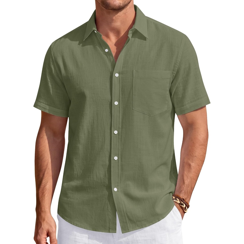 image:imageJVER Mens Linen Shirt Short Sleeve Button Down Casual Summer ShirtsOlive Green