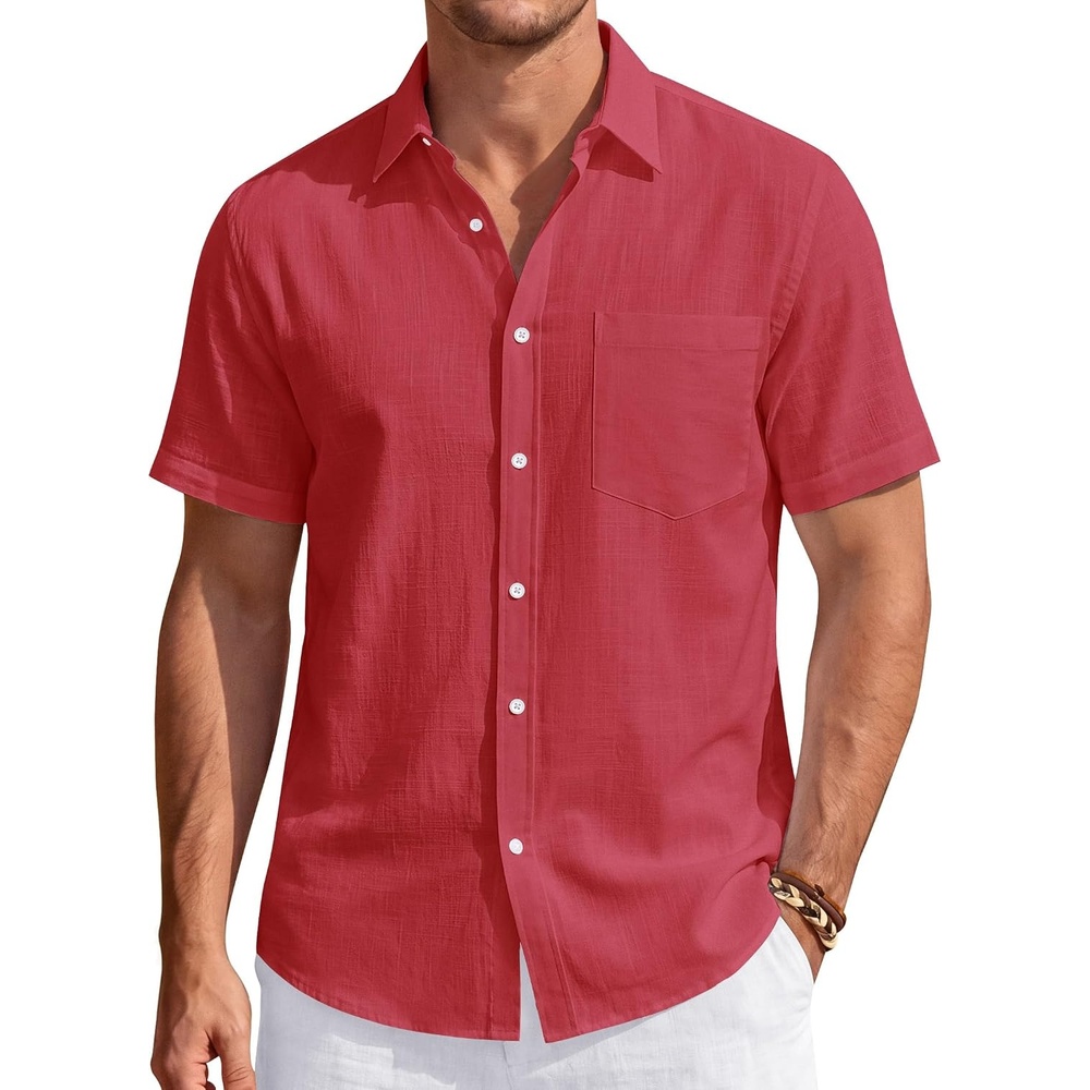 image:imageJVER Mens Linen Shirt Short Sleeve Button Down Casual Summer ShirtsRed
