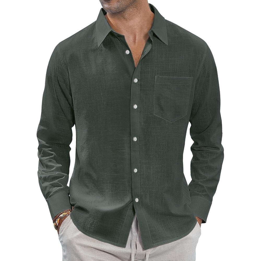 image:imageJVER Mens Linen Shirts Casual Button Down Long Sleeve Shirt Solid Spread Collar Summer Beach Shirts with PocketDark Green