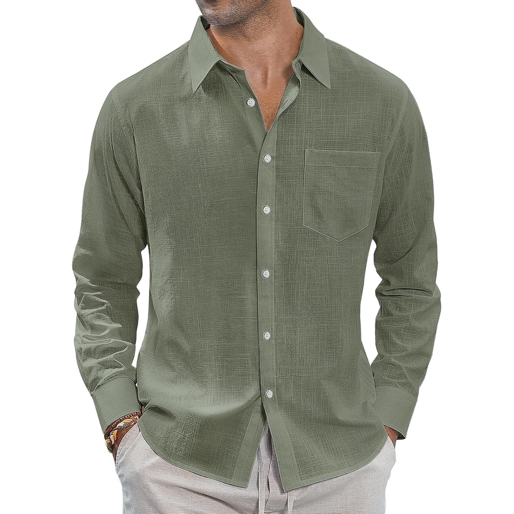 image:imageJVER Mens Linen Shirts Casual Button Down Long Sleeve Shirt Solid Spread Collar Summer Beach Shirts with PocketOlive Green
