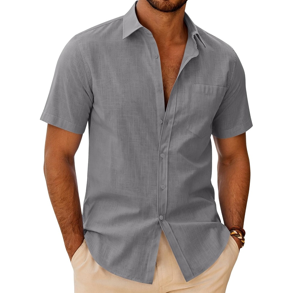 image:imageJVER Mens Linen Textured Shirt 100 Cotton Short Sleeve Button Down ShirtsGrey