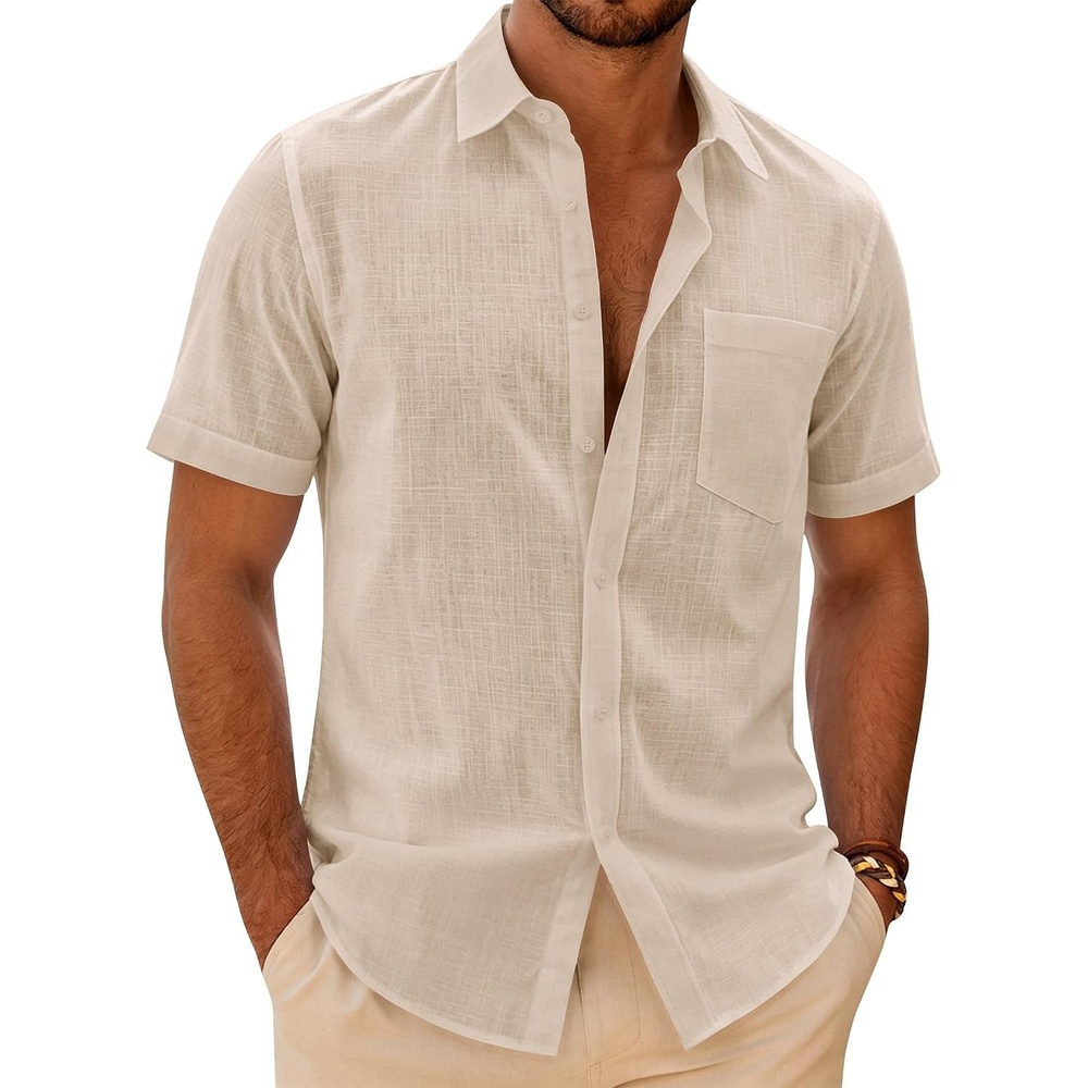 image:imageJVER Mens Linen Textured Shirt 100 Cotton Short Sleeve Button Down ShirtsKhaki