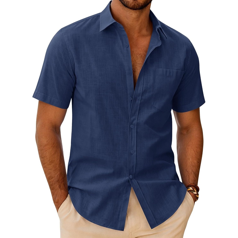image:imageJVER Mens Linen Textured Shirt 100 Cotton Short Sleeve Button Down ShirtsNavy Blue