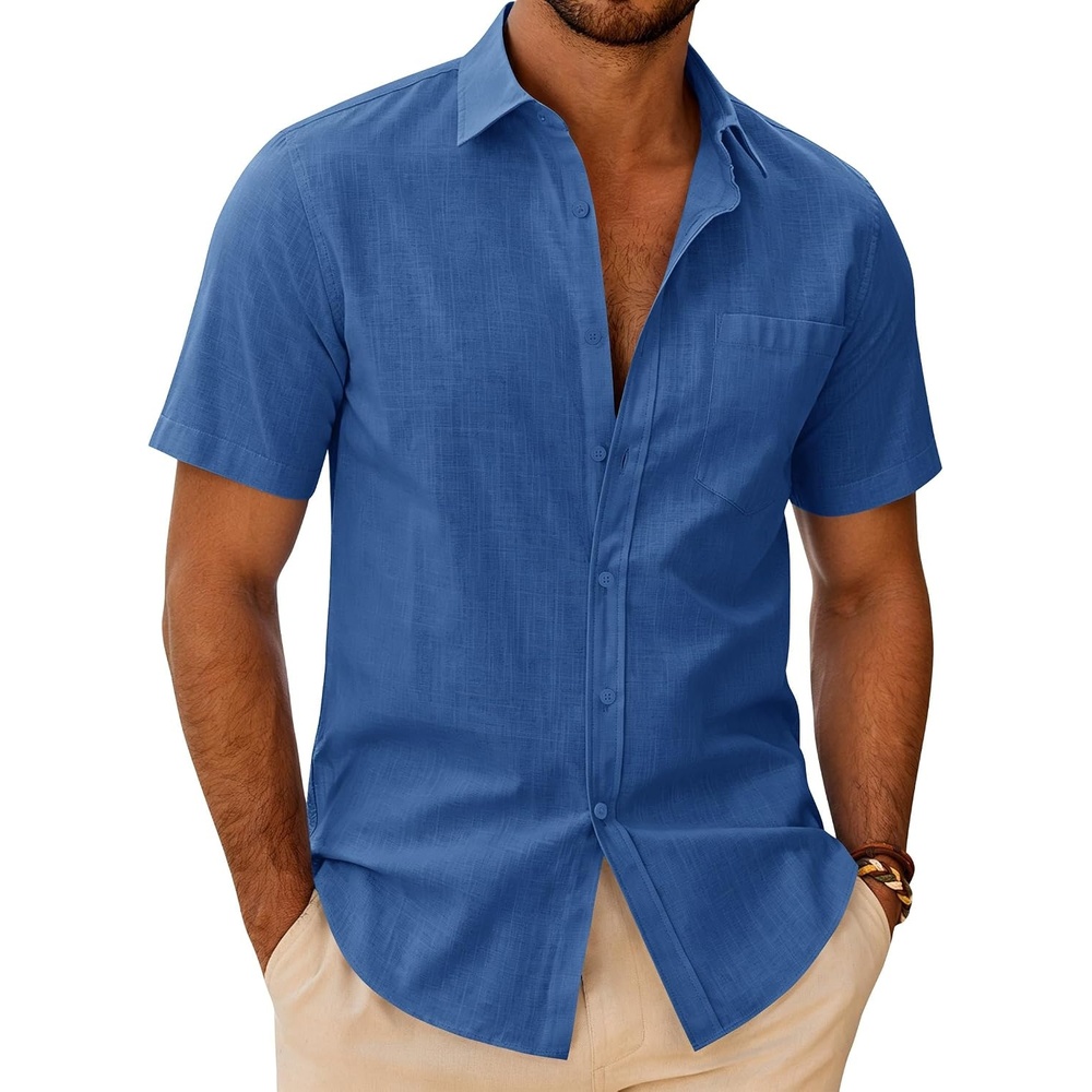 image:imageJVER Mens Linen Textured Shirt 100 Cotton Short Sleeve Button Down ShirtsRoyal Blue