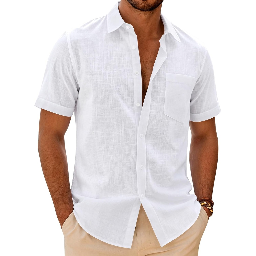 image:imageJVER Mens Linen Textured Shirt 100 Cotton Short Sleeve Button Down ShirtsWhite