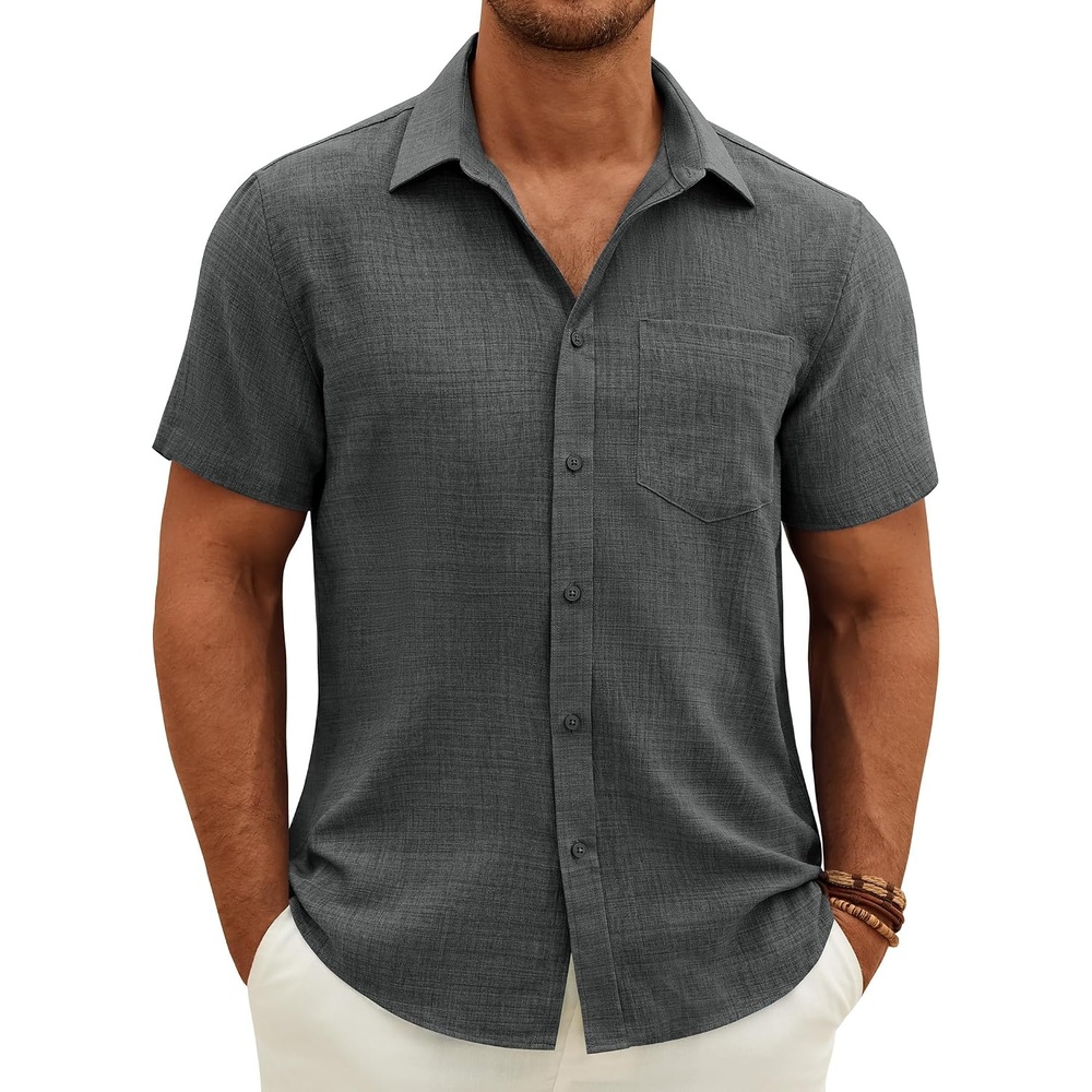 image:imageJVER Mens Short Sleeve Linen Textured Shirts Casual Button Down ShirtDark Grey
