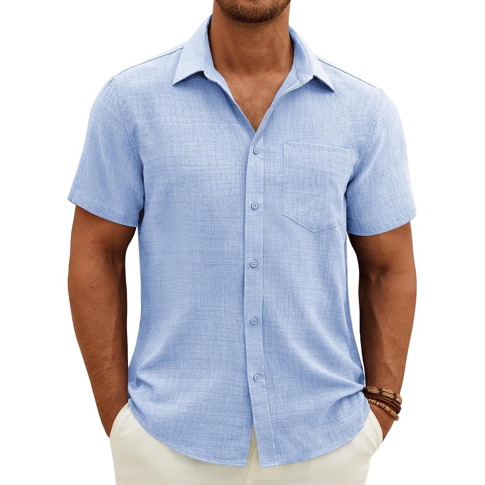 image:imageJVER Mens Short Sleeve Linen Textured Shirts Casual Button Down ShirtLight Blue