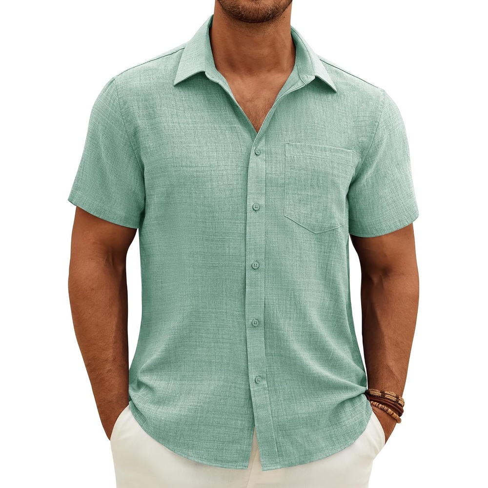 image:imageJVER Mens Short Sleeve Linen Textured Shirts Casual Button Down ShirtMint Green