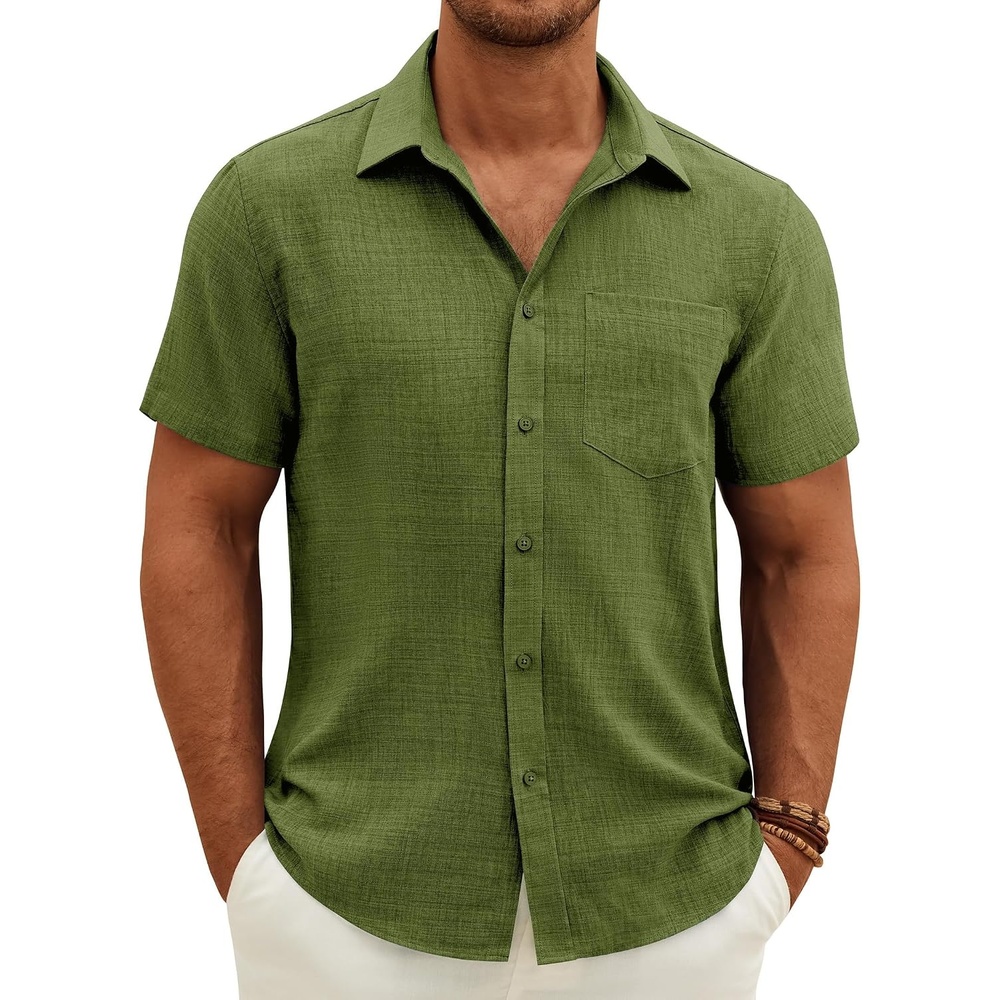 image:imageJVER Mens Short Sleeve Linen Textured Shirts Casual Button Down ShirtOlive Green