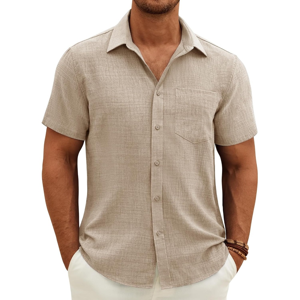 image:imageJVER Mens Short Sleeve Linen Textured Shirts Casual Button Down ShirtStone