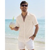 J.VER Mens Linen Textured Shirt 100% Cotton Short Sleeve Button Down Shirts(Beige)