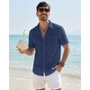 J.VER Mens Linen Textured Shirt 100% Cotton Short Sleeve Button Down Shirts(Navy Blue)