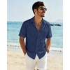 J.VER Mens Linen Textured Shirt 100% Cotton Short Sleeve Button Down Shirts(Navy Blue)