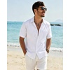 J.VER Mens Linen Textured Shirt 100% Cotton Short Sleeve Button Down Shirts(White)