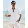 J.VER Mens Linen Textured Shirt 100% Cotton Short Sleeve Button Down Shirts(White)
