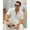 J.VER Mens Short Sleeve Linen Textured Shirts Casual Button Down Shirt(White)