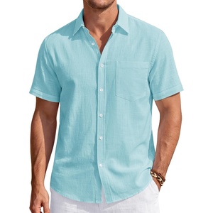 J.VER Mens Linen Shirt Short Sleeve Button Down Casual Summer Shirts(Fluorescent Blue)