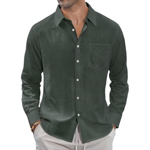 J.VER Men’s Linen Shirts Casual Button Down Long Sleeve Shirt Solid Spread Collar Summer Beach Shirts with Pocket(Dark Green)