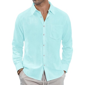 J.VER Men’s Linen Shirts Casual Button Down Long Sleeve Shirt Solid Spread Collar Summer Beach Shirts with Pocket(Mint Blue)
