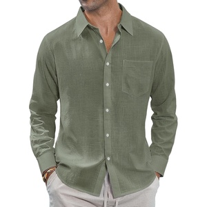 J.VER Men’s Linen Shirts Casual Button Down Long Sleeve Shirt Solid Spread Collar Summer Beach Shirts with Pocket(Olive Green)
