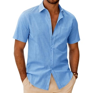 J.VER Mens Linen Textured Shirt 100% Cotton Short Sleeve Button Down Shirts(Blue)