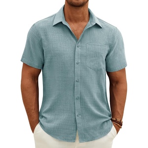 J.VER Mens Short Sleeve Linen Textured Shirts Casual Button Down Shirt(Blue Green)
